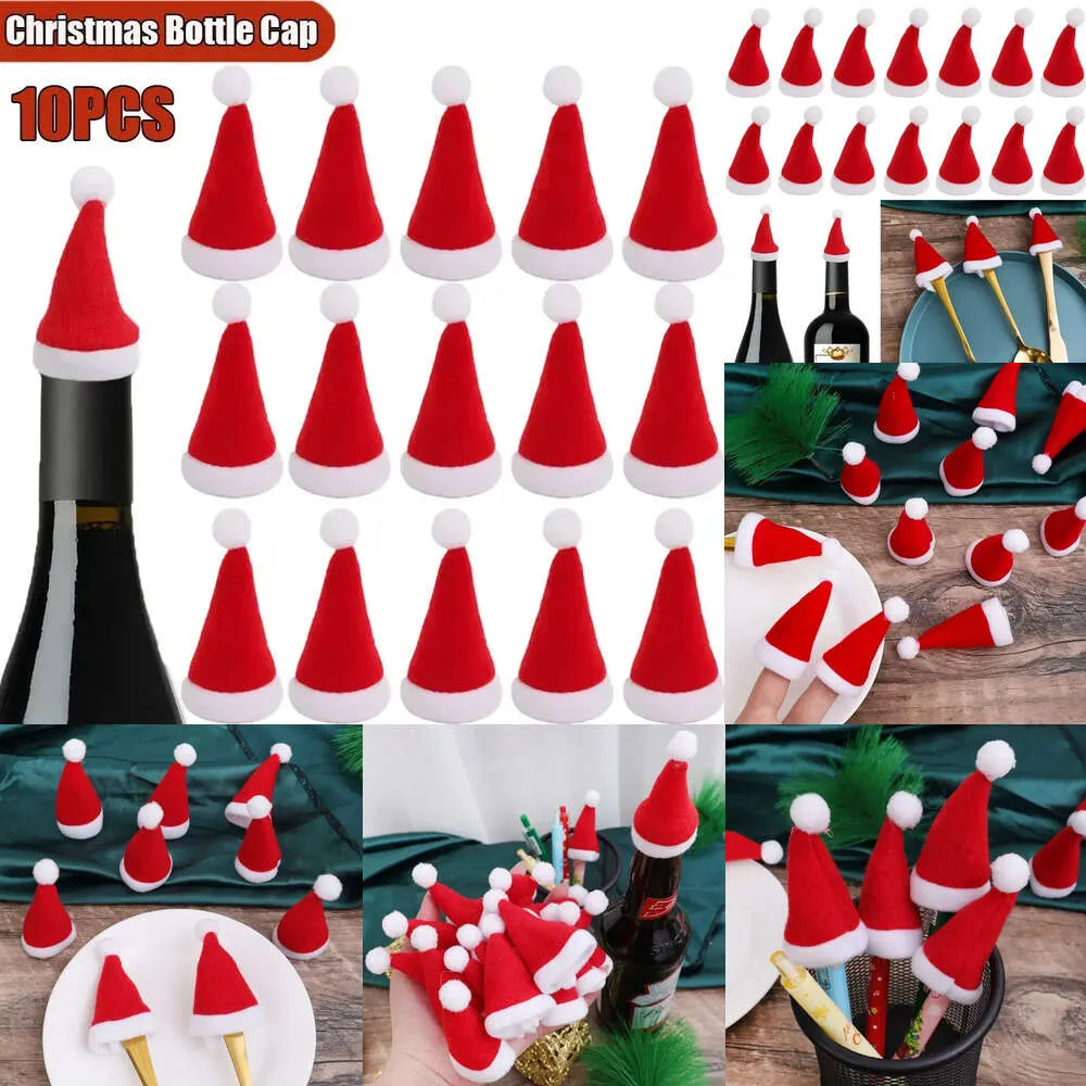 Nuove forniture di giocattoli di Natale 10 pezzi Mini cappello da Babbo Natale in tessuto non tessuto Tappi lecca-lecca Coperchi per bottiglie di vino Portabottiglie di Natale Tavolo Cena Decor Decorazioni per feste di Natale