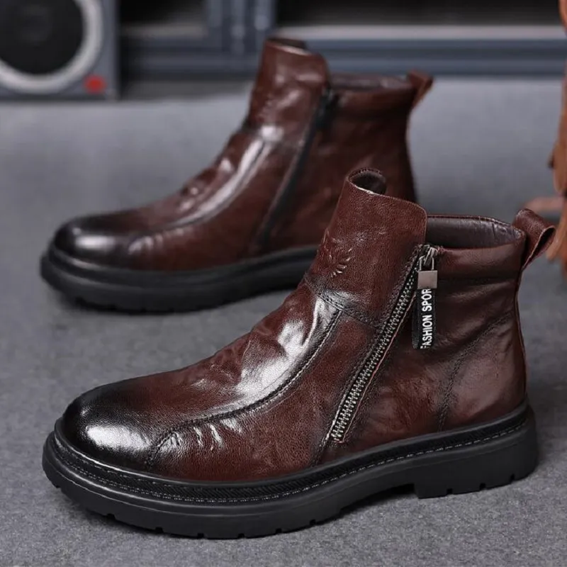 Новые осенние кожаные ботинки «Челси», мужские кожаные туфли в британском стиле, мужская обувь средней высоты на бархатной винтажной платформе, рабочие ботинки 10A34