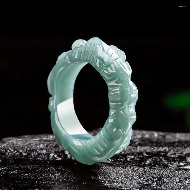 Cluster Rings Charming Natural Green Jadeite Carved Dragon Finger Ring With Certificate Woman Man's Luxury Jade Vintage Jewelry Gifts