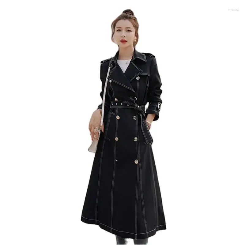 Trench da donna 2023 Primavera Autunno Versione coreana Cappotto da donna Lungo doppiopetto Cappotto femminile Giacca a vento Capispalla nera Top