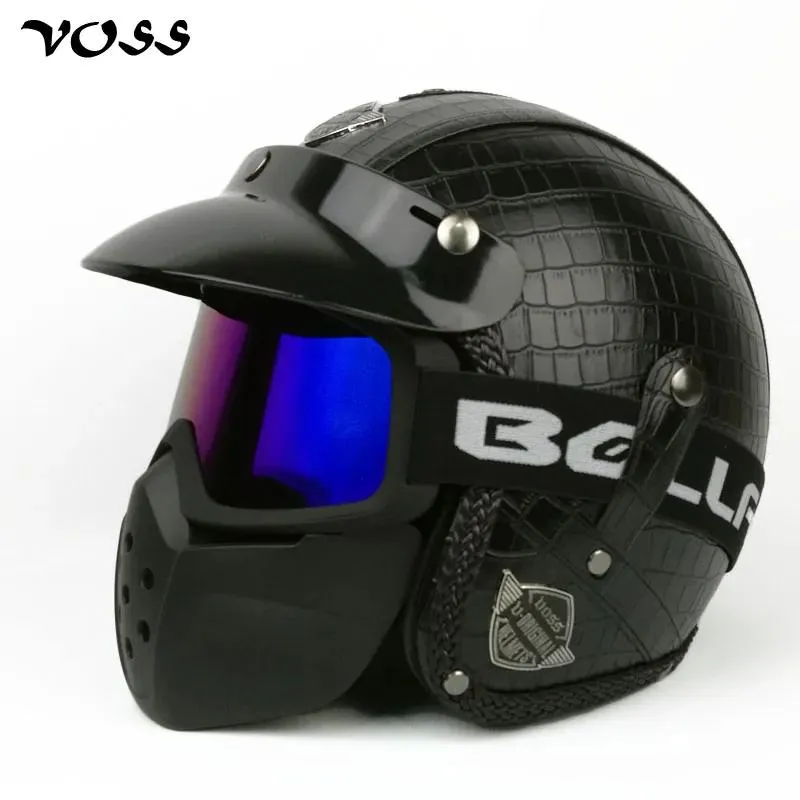 Helmets VOSS Faux Leather For Harley Helmets 3/4 Motorcycle Chopper Bike helmet open face vintage moto helmet with goggle mask, V085B