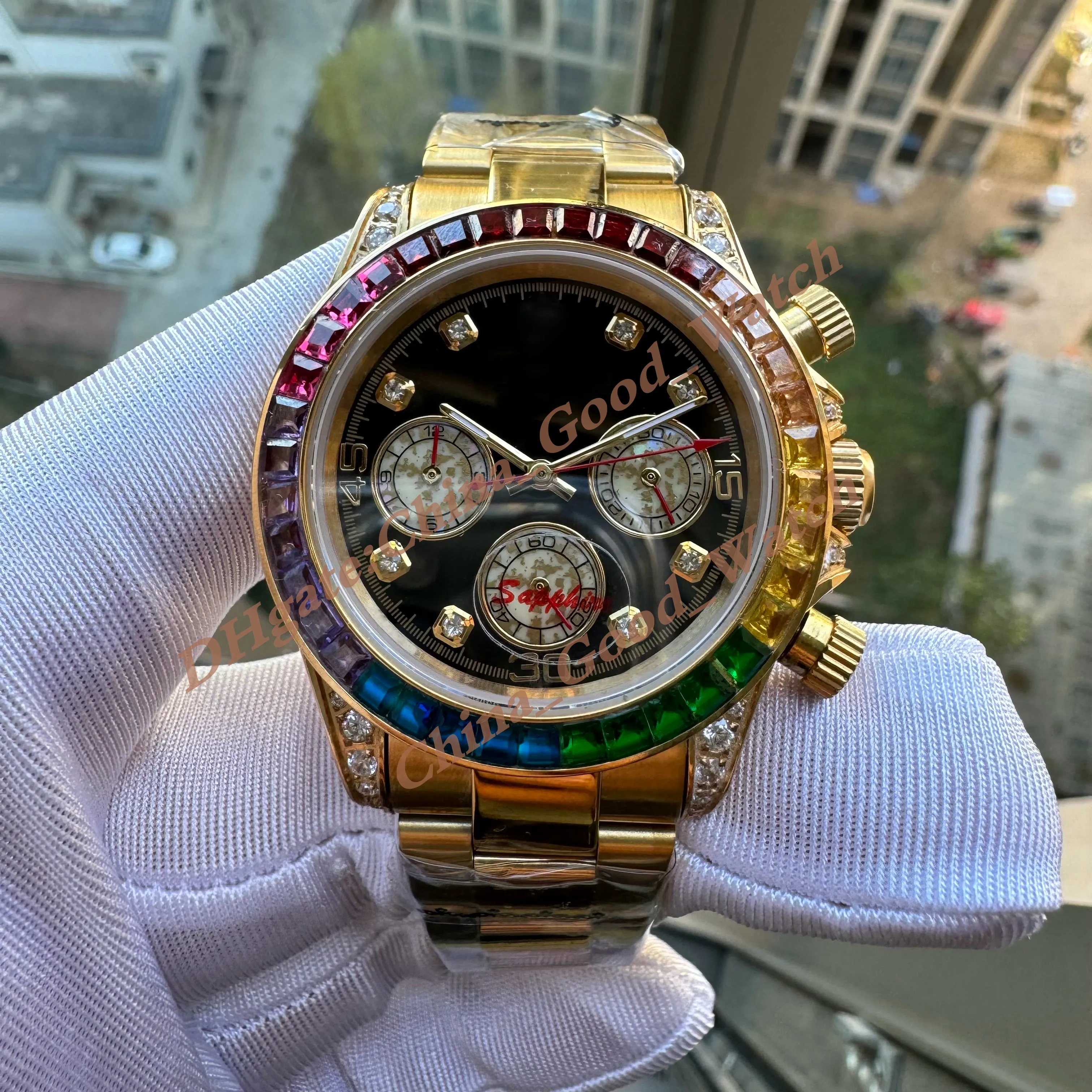 Relógios de 3 estilos 116598 116599 116595 Rainbow Diamond Bezel Relógio masculino Movimento de quartzo 40MM com cronógrafo 18K ouro amarelo relógios de pulso masculinos de aço inoxidável