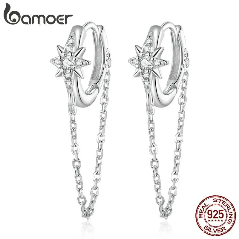 Stud Bamoer 925 Sterling Silver Star Hoop Earrings Long Tassel Ear Buckles Pave Setting CZ for Women Fine Jewerly BSE699