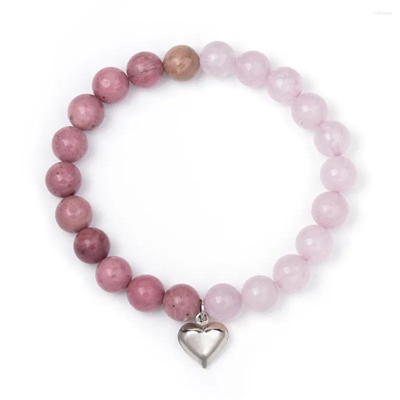 Strand coração charme 8mm rosa quartzo rodonita pedra natural grânulo pulseira elástica para mulher