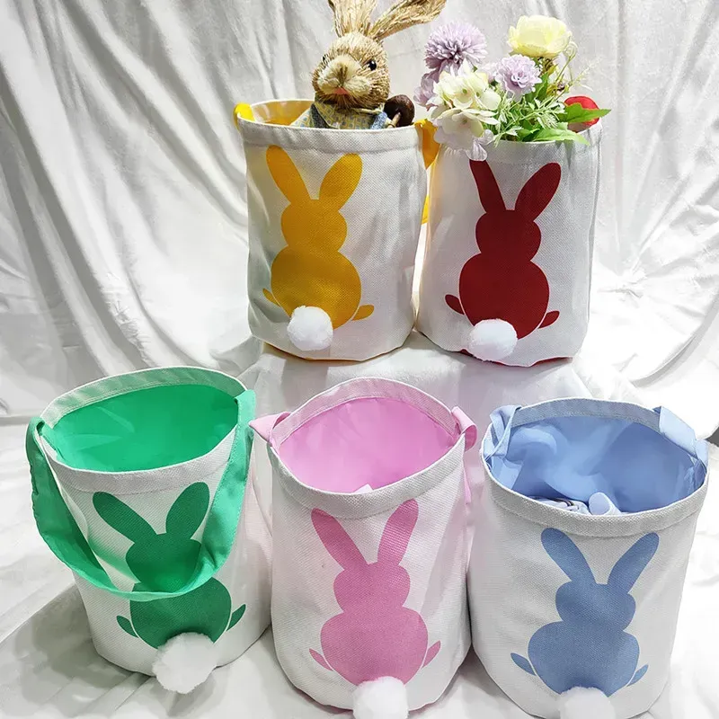 Party Gift Decoration Easter Bunny Basket Bags Cotton Linen Carrying Gift and Eggs Hunting Candy Bag Fluffy Tails Printed Rabbit Toys Bucket Tote 