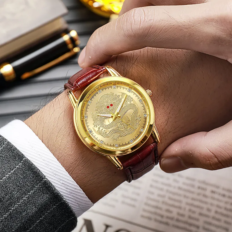 Relógio de quartzo à prova d'água com cinto de negócios de moda de dragão de luxo masculino de alta qualidade