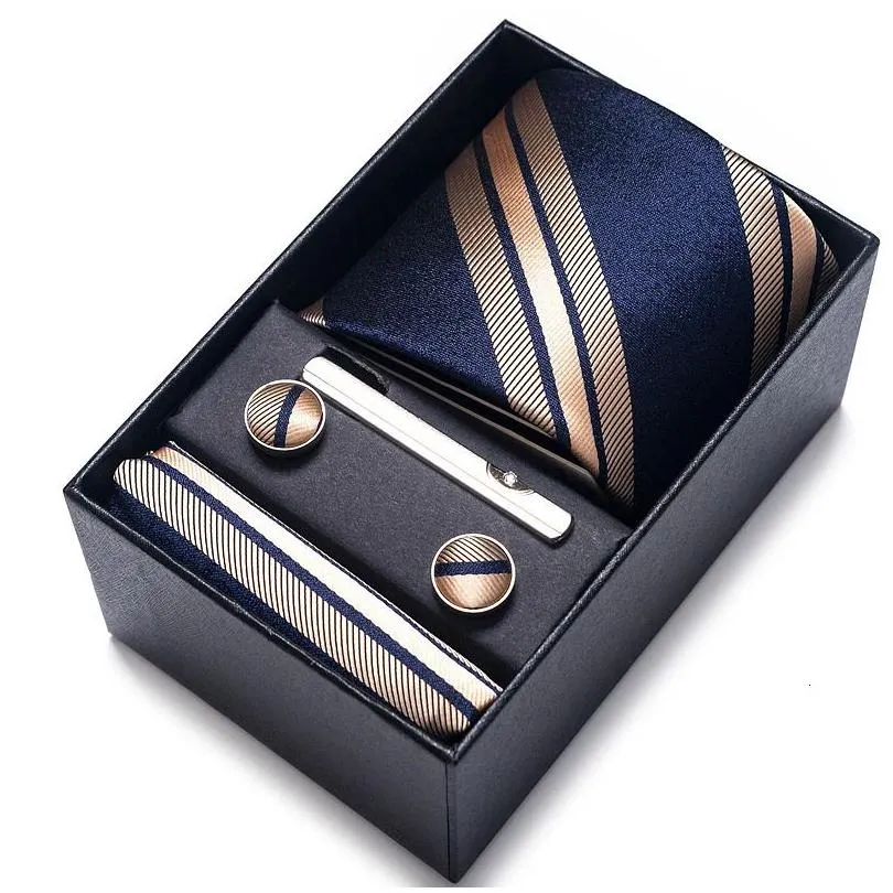 Cravates Cravates Cravates 100% Soie Marque Cravate Mouchoir Bouton De Manchette Ensemble Pour Hommes Cravate Coffret Cadeau De Vacances Bleu Or Costume Accessoires Slim Mer Dh8YL