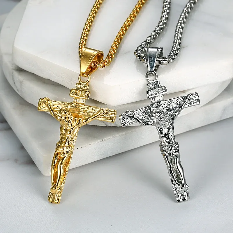 Religious Jesus Christ Cross Pendant Necklace For Women Men Gold