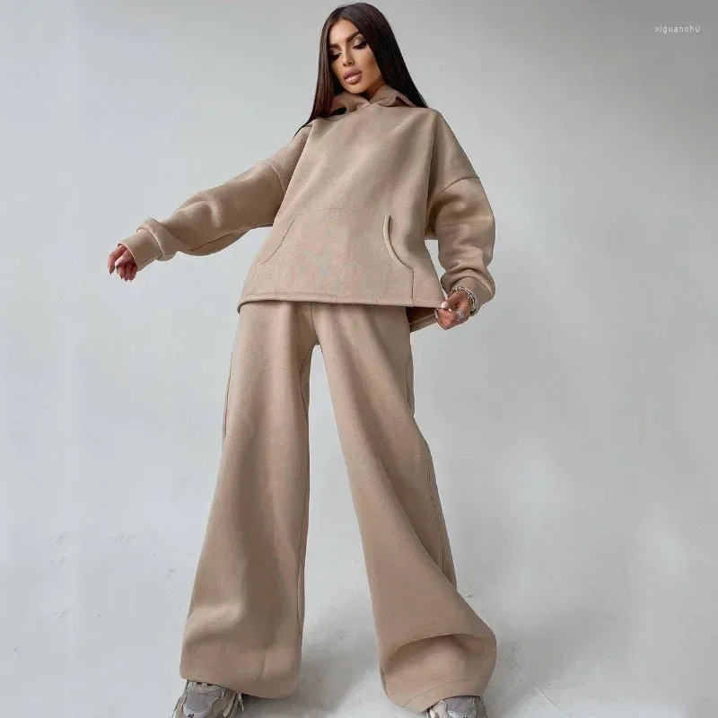 Pantalon deux pièces pour femmes, couleur unie, sweat-shirt à capuche avec poches, costume deux pièces décontracté, mode automne-hiver 2024