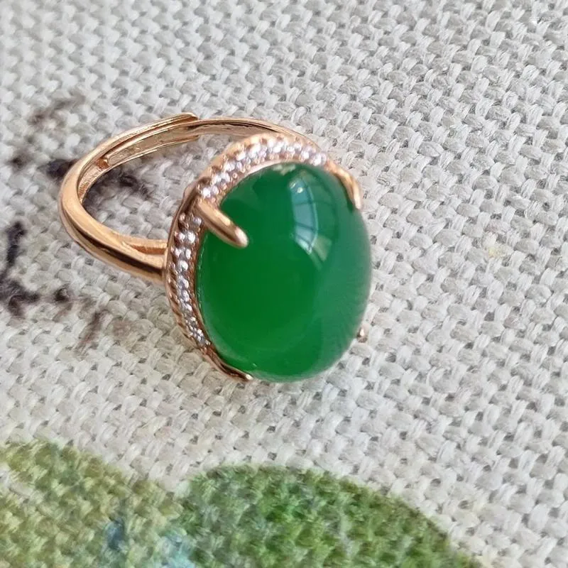 Klusterringar naturlig kejsare Green Jade Chalcedony Agate Ring Silver inlaid för män och kvinnor som gåva