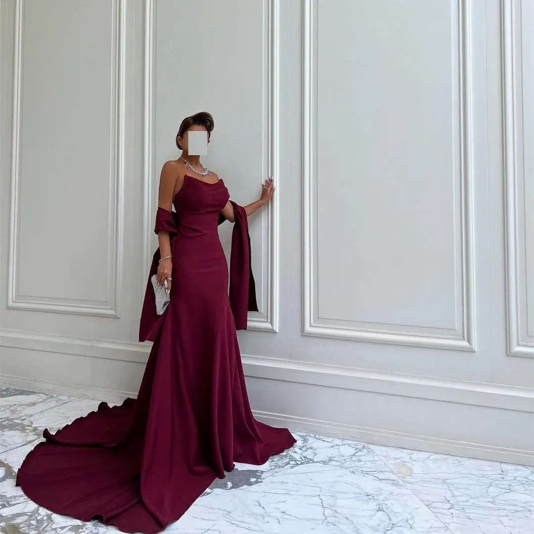 Elegant Long Burgundy Strapless Crepe Evening Dress with Ribbon Mermaid  Sleeveless Court Train from Dhgate Evening Dresses - price 74.5