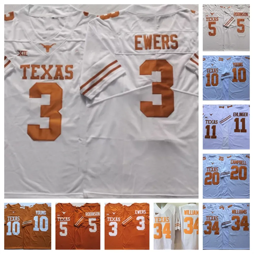 Custom Texas Longhorns College Football Jersey em estoque 3 Quinn Ewers 5 Bijan Robinson 10 Vince Young 11 Sam Ehlinger 20 Earl Campbell 34 RI