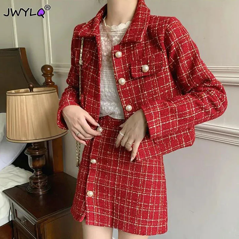 Deux pièces Dres 2023 printemps automne rouge 2 ensemble femme veste courte en Tweed manteau Mini costume femme dame Chic tenues classiques 231218