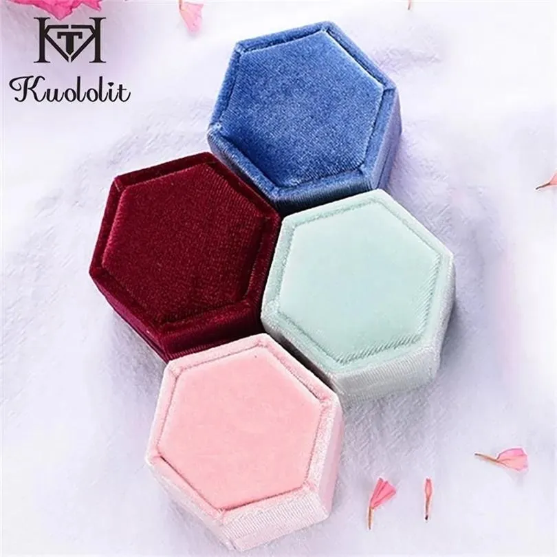 Boxes Kuololit 5PC/lot Velvet Hexagon Jewelry Boxes for Women Red pink green blue Ring Boxes for Wedding Engagement Bridal Gift New T200