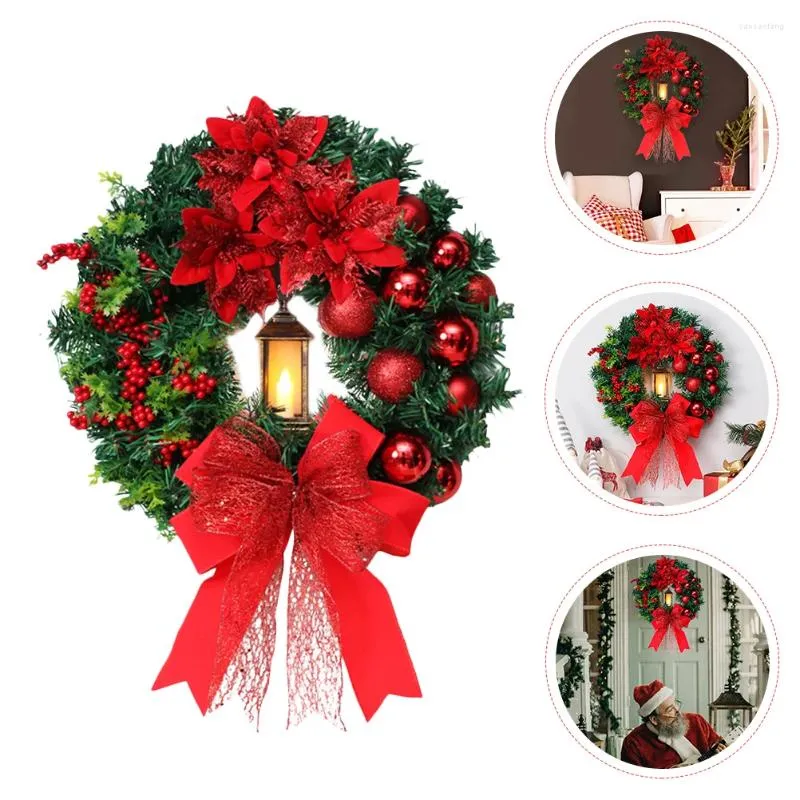 Dekoratif Çiçekler Noel Çelenk Noel Dış Mokal İşletilmiş Led Yağ Lambası Tatil Kırmızı Yay Ön Kapı Dekorasyon
