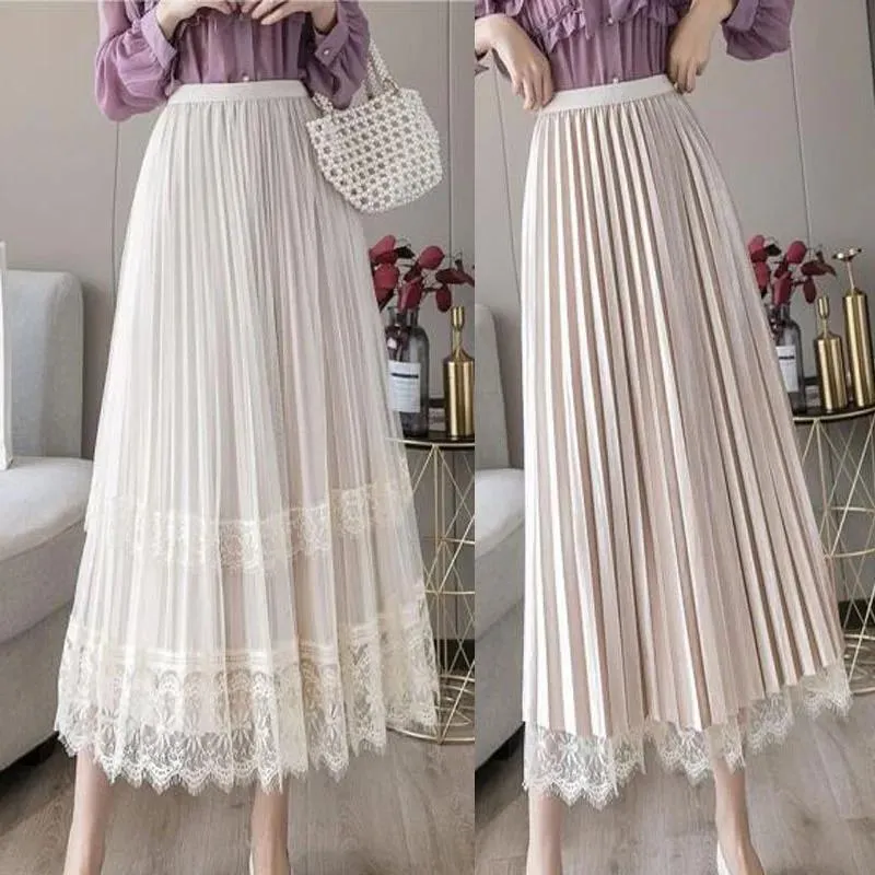 Dresses Women's High Waist Lace Tulle Pleated Skirts Midi Flared Ladies Half Bottom Medium Length Fit Wear on Both Sides