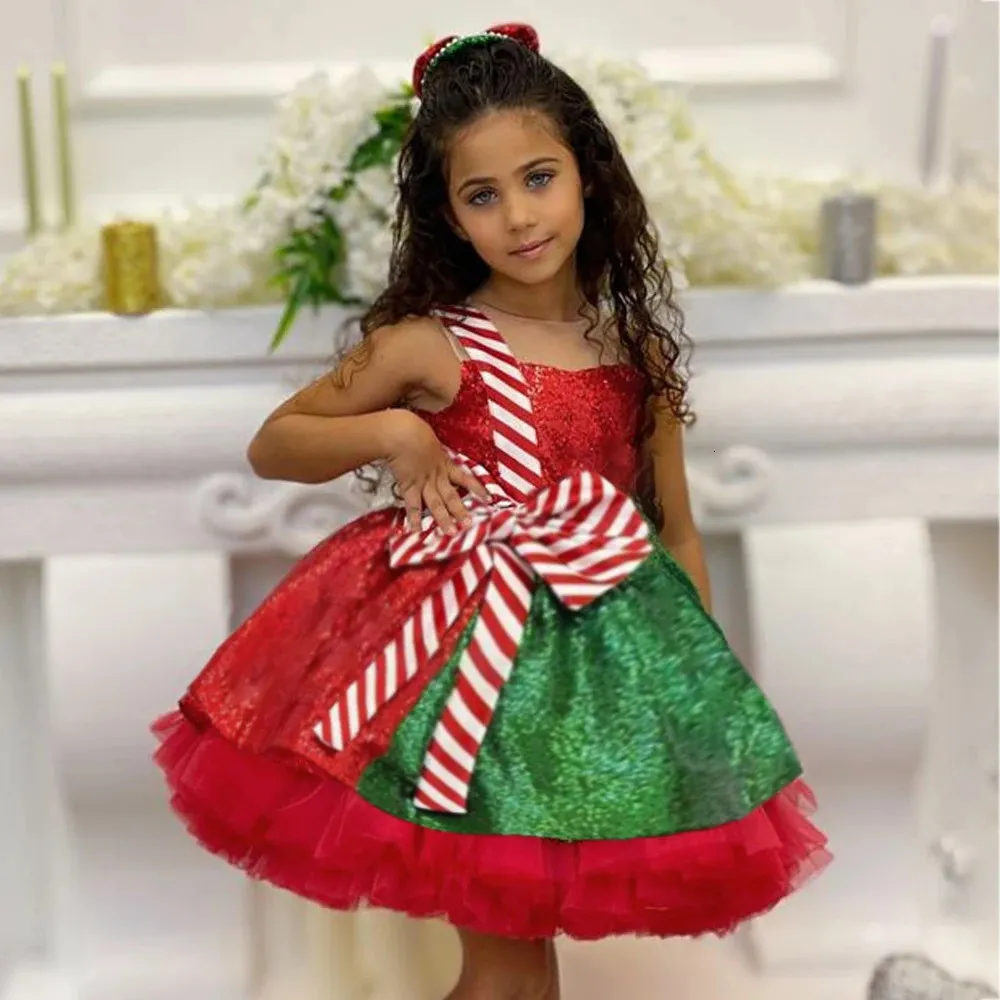 Flickor klänningar randig båge jul för flickor elegant fluffy tyll cosplay kostymer fest prinsessa röd xmas klänning födelsedag klänning 231218
