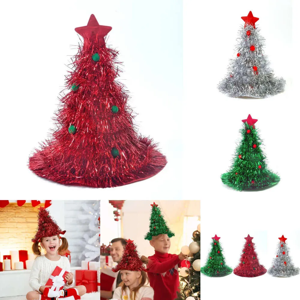 New Christmas Toy Supplies Christmas Tree Hats Fabric Rain Silk Hat for Adults Kids Funny Santa Hat with Tinsel Xmas Holiday Party Costume New Year Decor