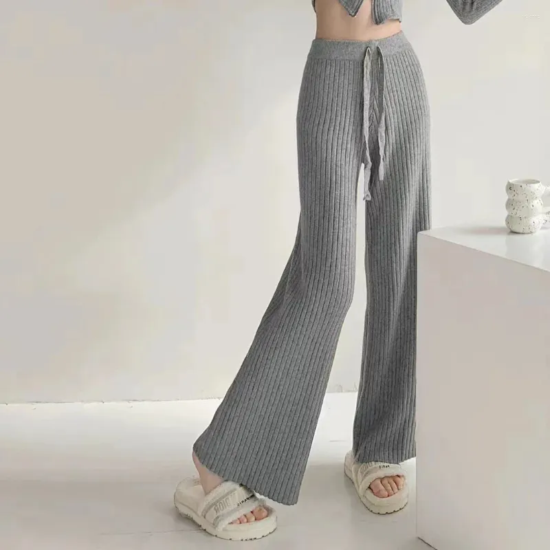 Pantalon femme hiver tricot jambe large femmes doux droit taille haute rayure verticale décontracté solide bureau épais femme pantalon