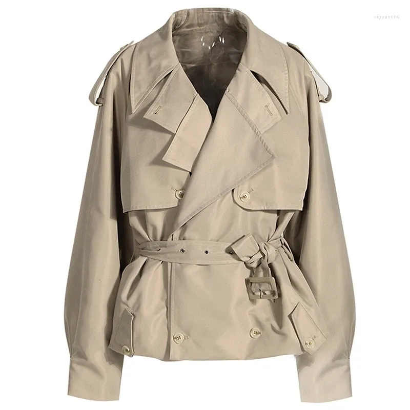 Trench coat feminino duplo breasted casaco à prova de vento clássico lapela casual espanador com cinto