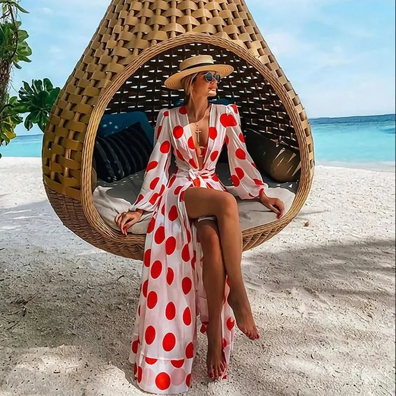 Sukienki na plażę sukienkę 2020 Bikini Cover Up Print Suit Kąpiec Kimono Kimono w rozmiarze Tunik Seksowne długie rękawie