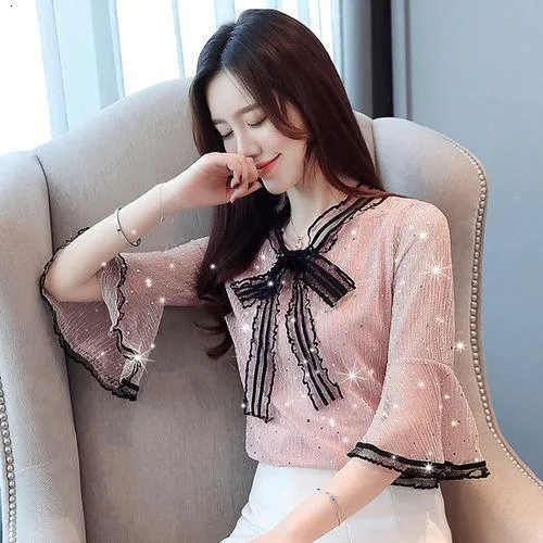 Ny ankomst Spring Blue Women Fashion Sequins Blue Shirt Kvinnlig långärmad Bow Tie Office Lady Clothing Tops 912J 210317