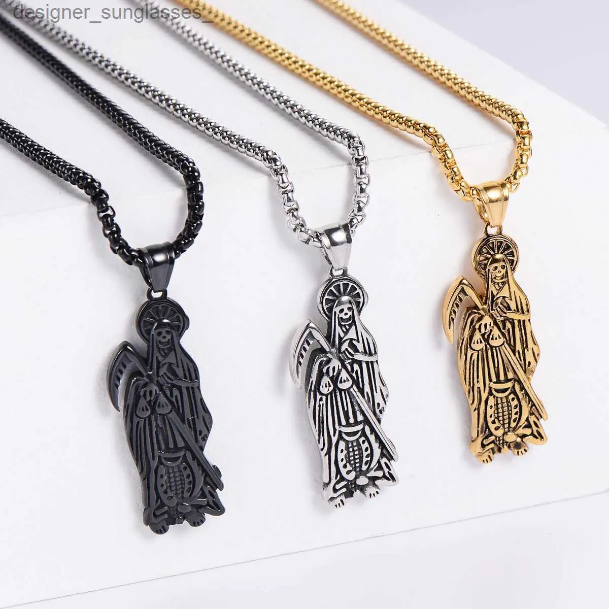 Anhänger Halsketten Hip Hop Vintage Goldener Heiliger Heiliger Tod Santa Muerte Schädel Biker Anhänger Halskette Edelstahl Männer Frauen Religiöser Schmuck L231218