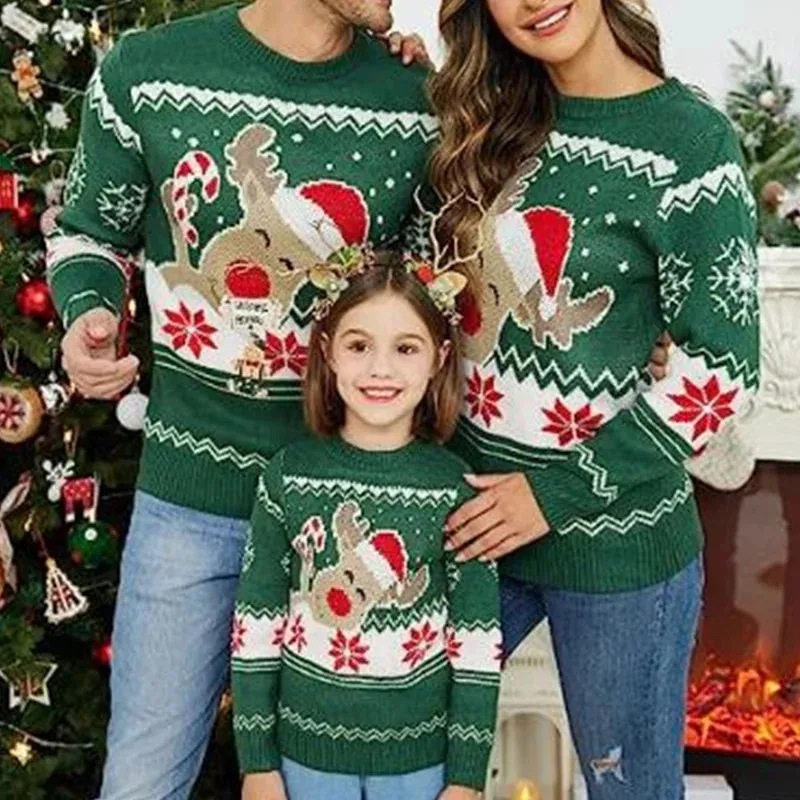 Familie bijpassende outfits kersttrui volwassen kinderen cartoon elanden print ronde hals lange mouw trui winter tops streetwear 231218