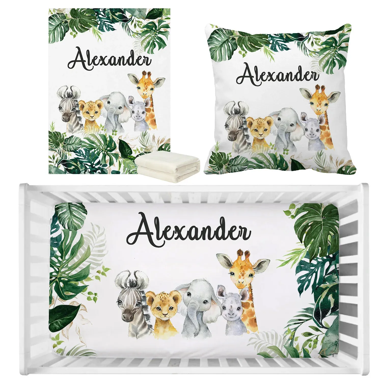 Set di biancheria da letto LVYZIHO Nome personalizzato Animali della giungla Verde Set per bambini Compleanno Regalo per bambini Doccia 231218