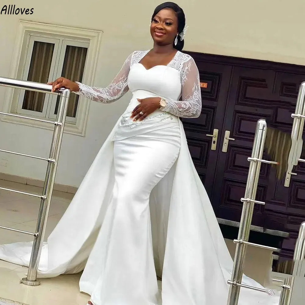 Abiti da sposa a sirena per ragazze nere africane bianche con strascico staccabile Abiti da sposa eleganti arabi Aso Ebi Plus Size maniche lunghe Abiti da sposa CL3080