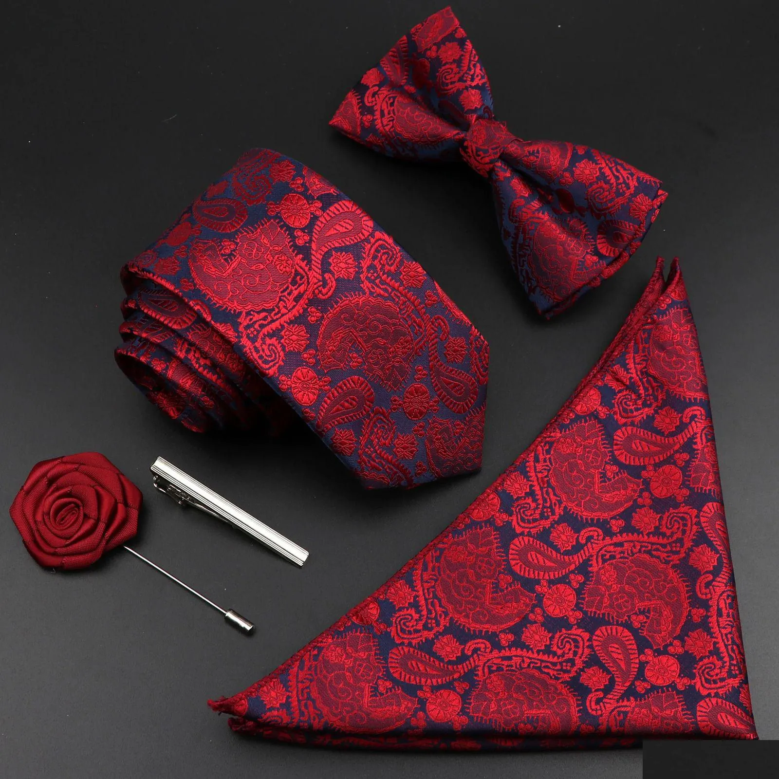 Cravates Cravates Cravates Couleur Unie Soie Hommes Cravate Ensemble Polyester Jacquard Tissé Cravate Bowtie Costume Vintage Rouge Bleu Pour Marié Affaires Wedd Dhpr1