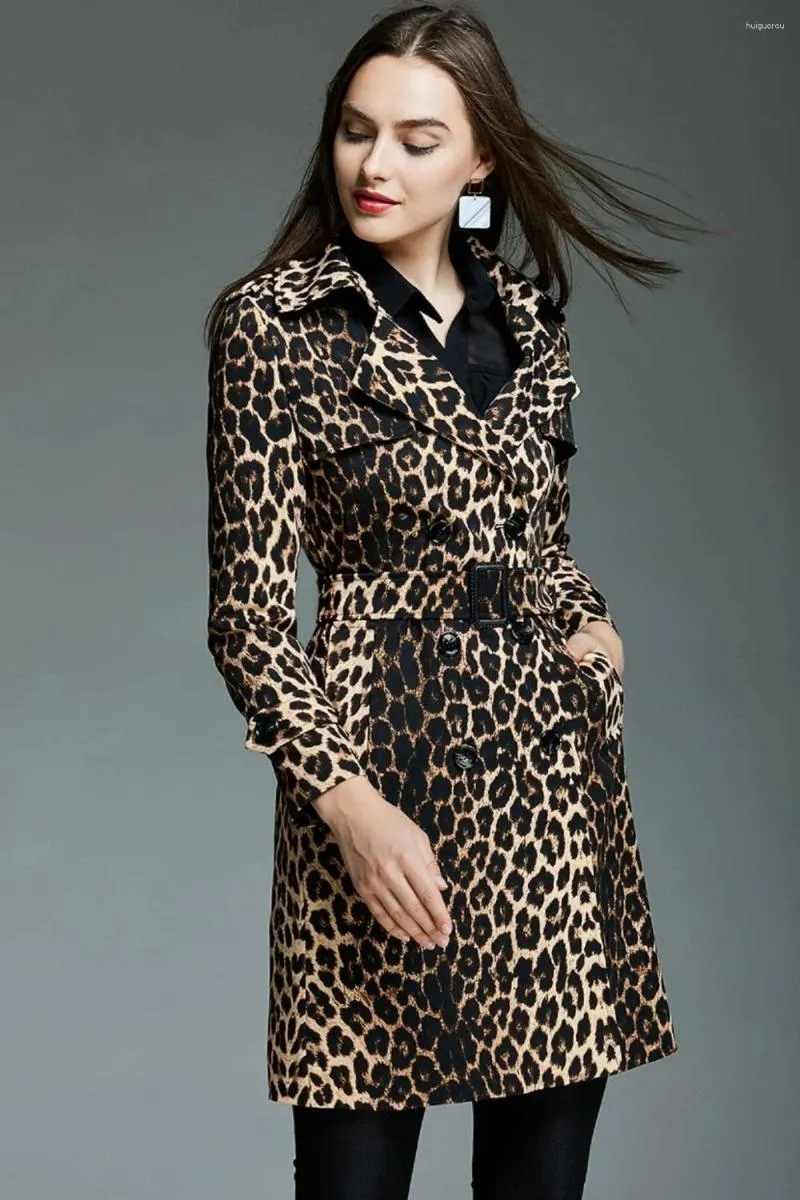 Trench da donna 2023 Primavera/Autunno stampa leopardata al ginocchio Office Lady Fashion Slim giacca a vento a maniche lunghe