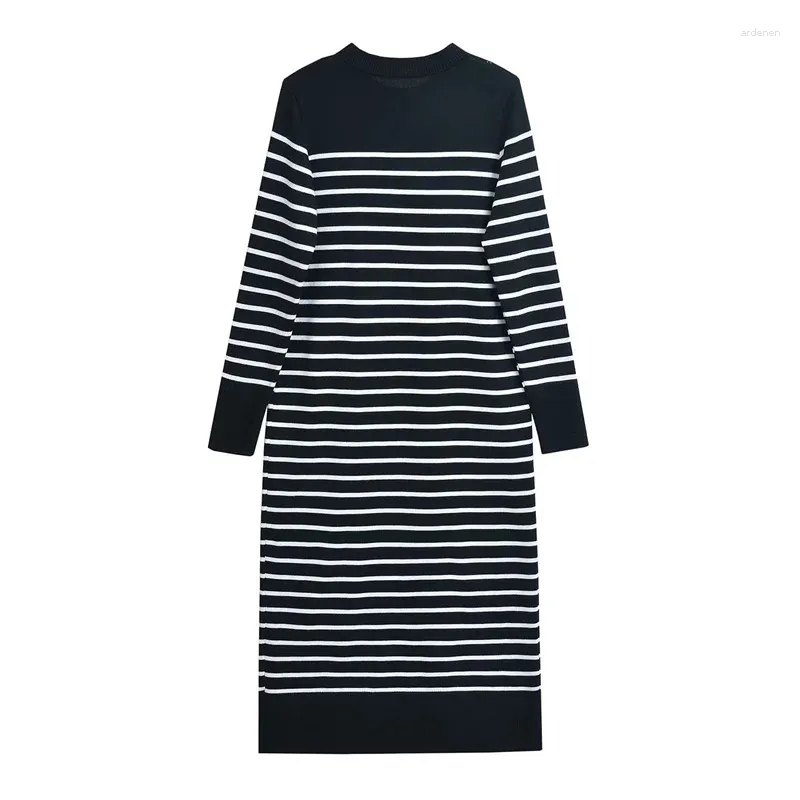 Casual Dresses 2023 Women Stripe Stripe Slim Fit Midi Dress Autumn/Winter Fashion High Street mångsidig O-Neck