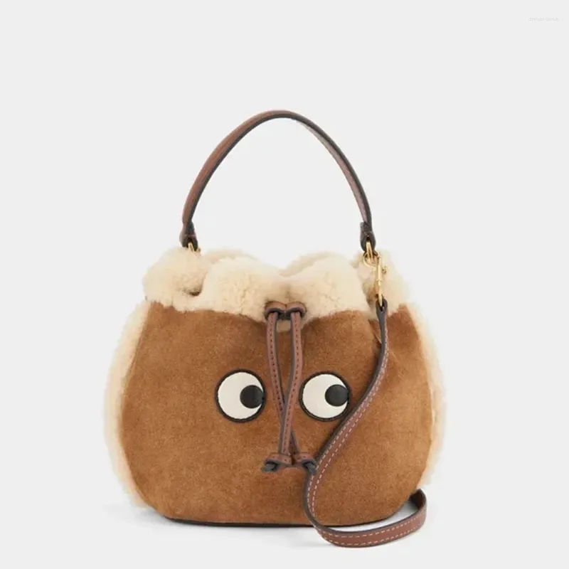 Sacos de noite olhos retalhos bolsa de ombro mulheres bonito balde de couro de pelúcia senhoras marrom bolsa crossbody 2023 inverno