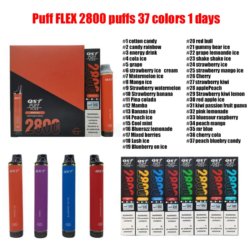 Zigarette Electronique Local Warehouse Original QST Puff Flex 2800 Original 850-mAh-Akku 8 ml 0 % 2 % 5 % Vapes Einweg-Puff Autorisiert 37 gute Geschmacksrichtungen auf Lager