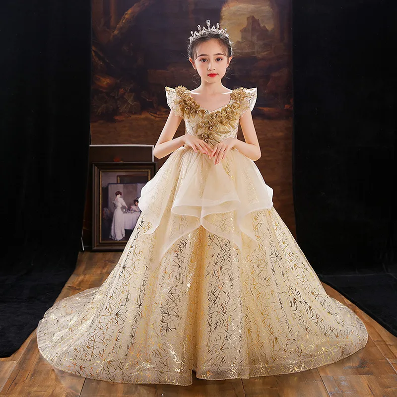 Блестящие золотые платья с шампанским кружев детские цветочные девушки платье для свадебного длинного поезда тюль