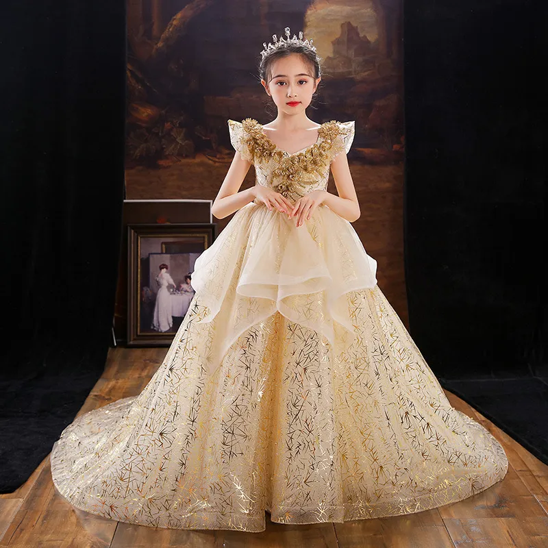 Shiny Gold Champagne Dresses in pizzo per bambini abito da ragazza per per matrimoni in treno lungo tulle principessa festa di gareant Girls ricami First Holy Communione 403 403