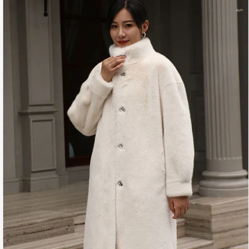 Women's Fur Snow Outerwear Coat Mink Luxury Women Autumn/Winter Selling Knee Length Long Jacket Standing Collar Clothes