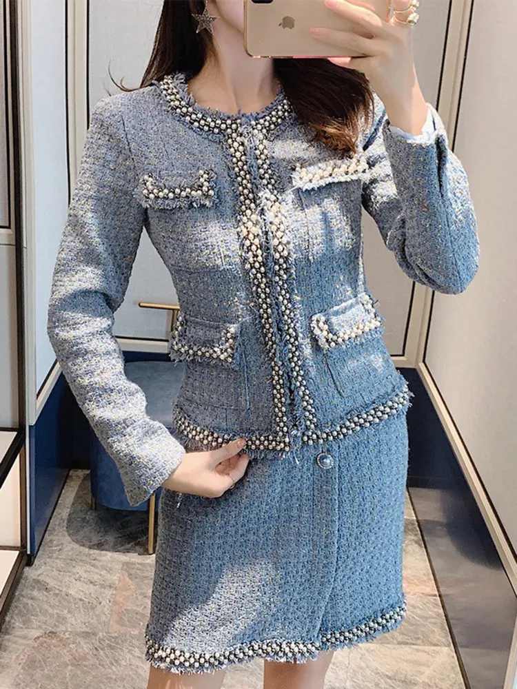 Two Piece Dress High Quality Small Fragrance Tweed Sets Women Outfits Luxury Beading Jacket Coat Mini Skirt Vintage 2 Set 231218