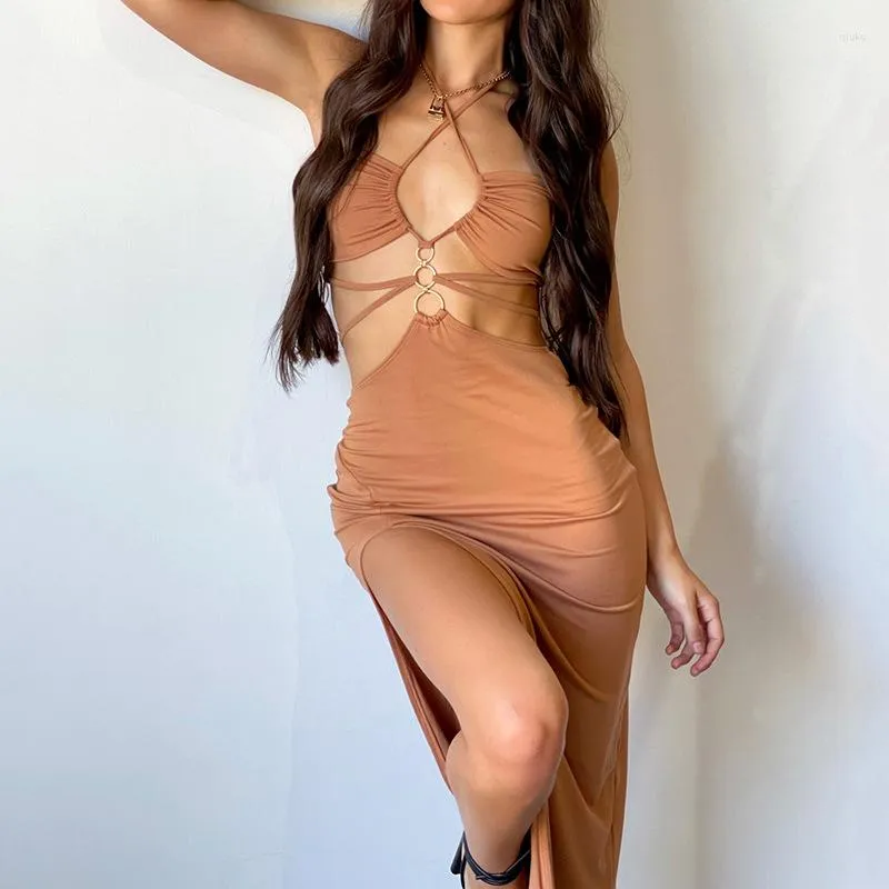 Casual Dresses Sexy Cutout Lace-up High Slit Long Dress