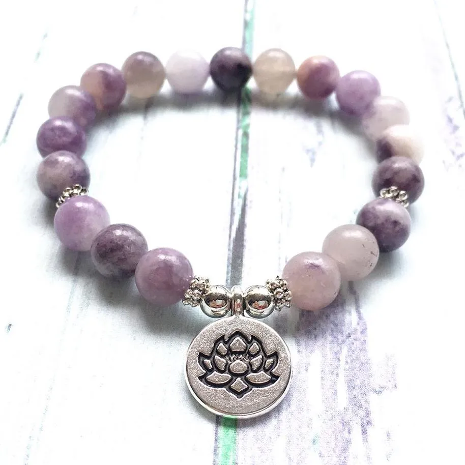 MG0984 Pulsera lila de 8 MM para mujer, pulsera de Mala de Yoga con piedras preciosas naturales de loto, pulsera de protección energética para meditación a la moda 219r