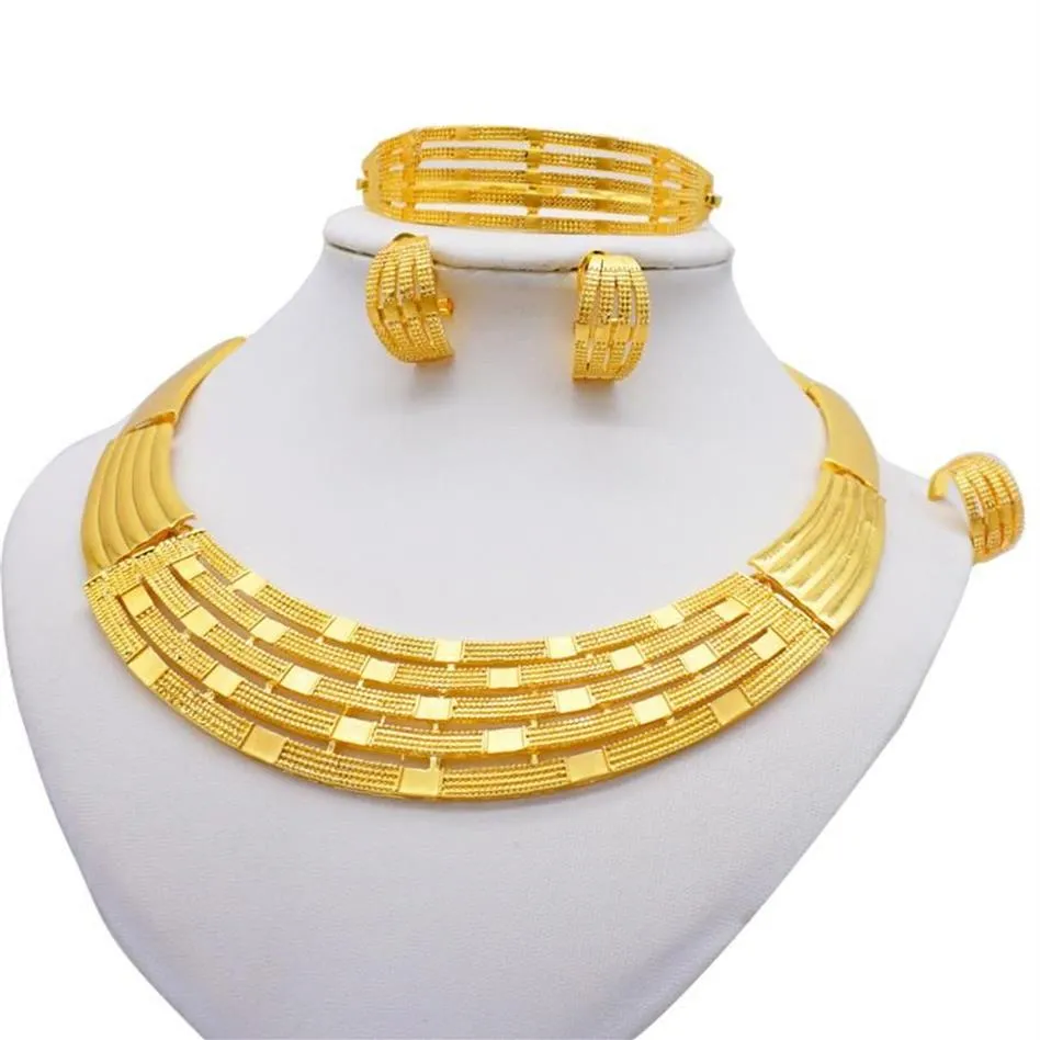 Pendientes collar africano 24k Color oro juegos de joyas para mujer Dubai regalos de boda nupcial gargantilla pulsera anillo joyería Set307I