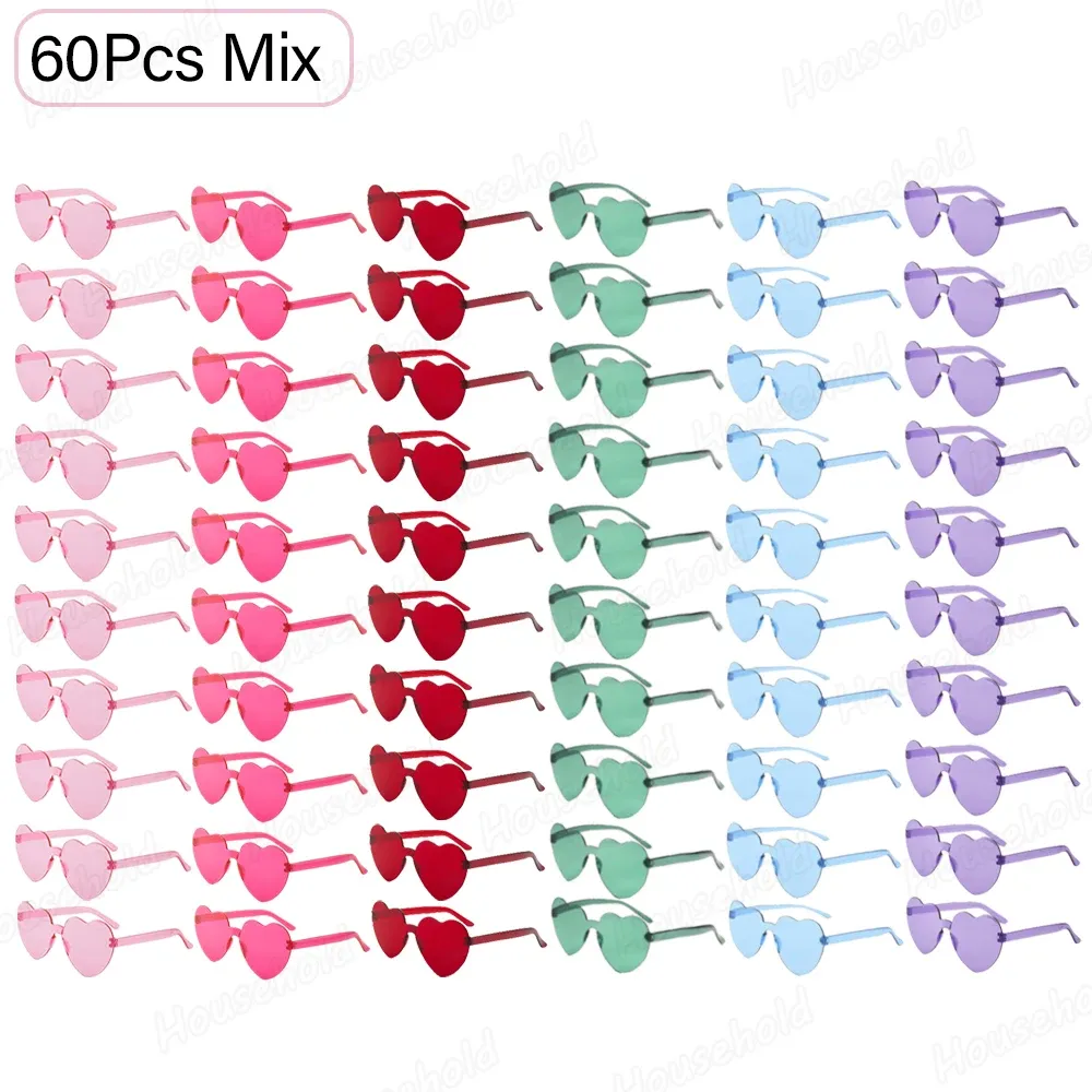 Lunettes de soleil amusantes sans bords en forme de cœur, 60 pièces, pour enterrement de vie de jeune fille, verres colorés bonbons, cadeau de mariage, cadeau de fête pour invités