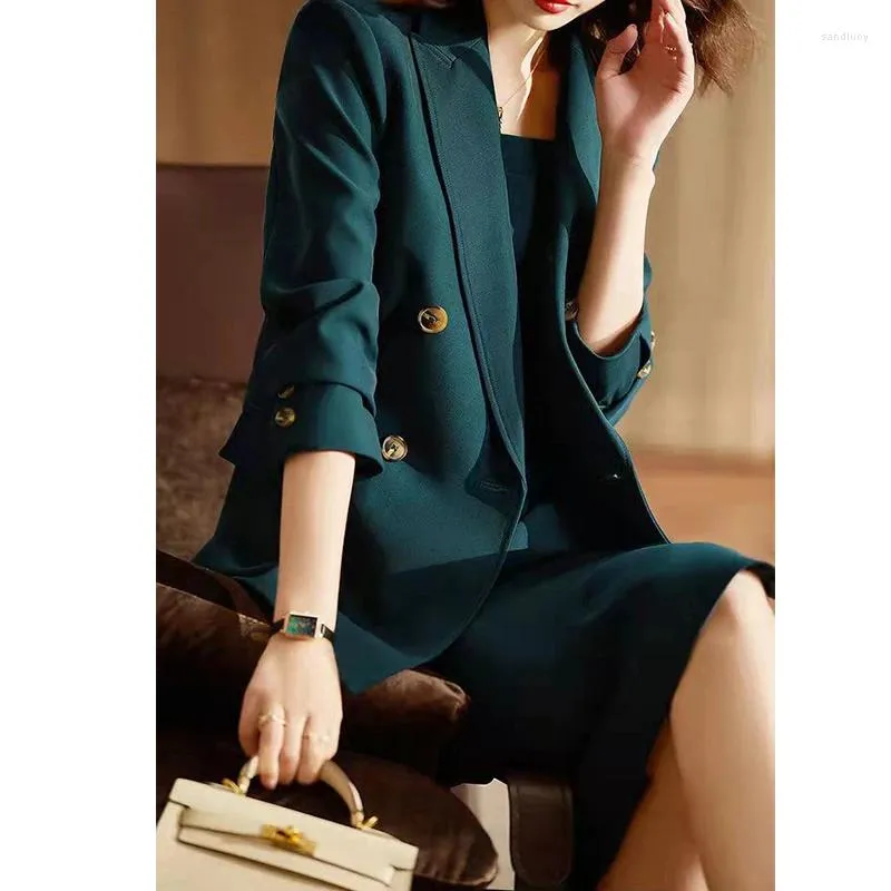 Work Dresses Spring Autumn Fashion Double Breasted Blazer Coats Sling  Womens Suits Two Piece Set Korean Elegant Office Lady