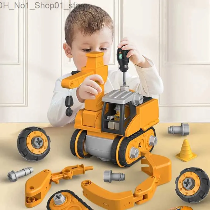 Classificação de aninhamento empilhamento brinquedos desmontar veículo de engenharia com chave de fenda furadeira elétrica diy caminhão de construção brinquedos escavadeira para crianças presente q231218
