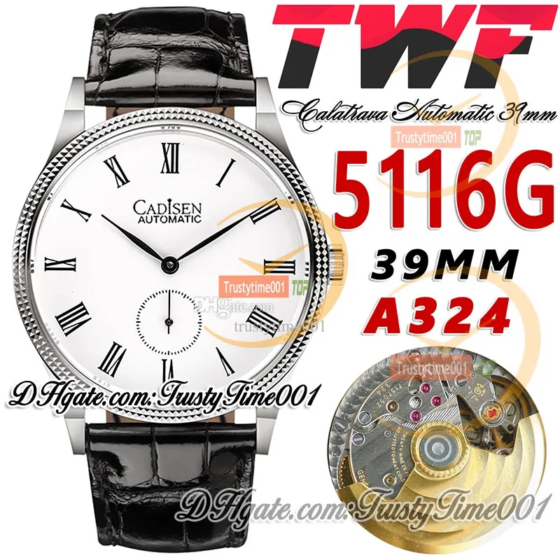 TWF Calatrava 5116G A324 automatisch herenhorloge, 39 mm gecanneleerde rand, witte wijzerplaat, Romeinse markeringen, roestvrijstalen behuizing, lederen band, supereditie trustytime001Horloges