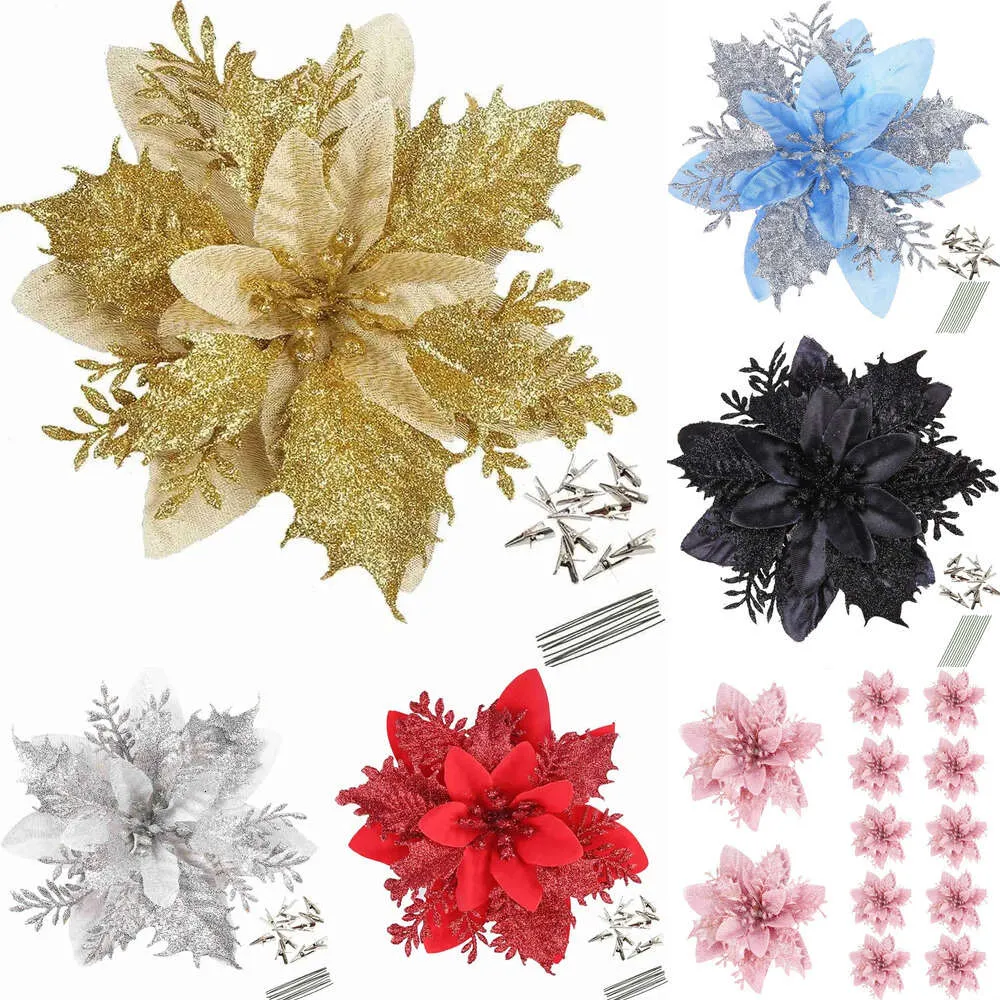 New Christmas Toy Supplies 12PCS Glitter Artificial Flowers Christmas with Clips Stems Xmas Tree Ornaments for Wedding Party Wreath Decoration 5in Flower