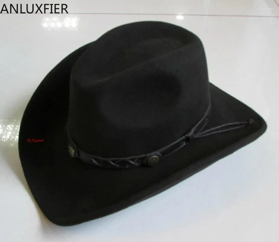 Bérets B-8126 Laine Bowler Chapeau Mâle Fedoras Cowboy Cap Large Brim Mode Homme Laine Imperméable Réglable