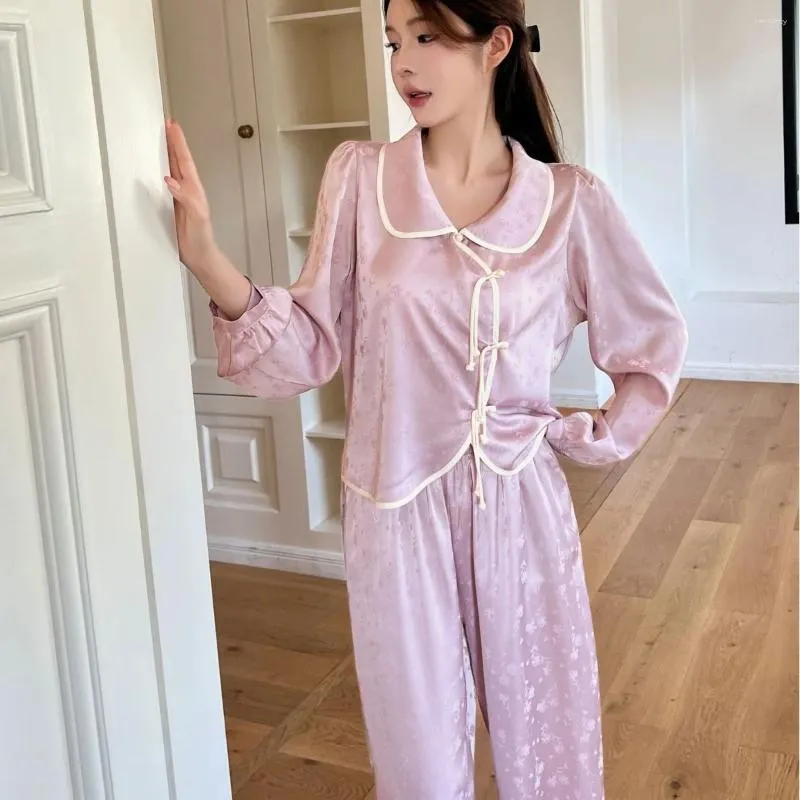 Boutons chinois pour femmes pyjamas Twinset Pyjamas Femme Femmes à manches longues Jacquard Pijamas Satin Suit Tableau élastique élastique
