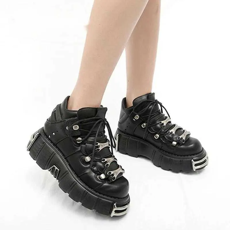 Nieuwe Punk Stijl Vrouwen Schoenen Lace-up Hak Hoogte 6 cm Platform Vrouw Gothic Enkel Rock Laarzen Metalen decor Sneakers 230922